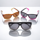Eyelevel-UK Sophia rectangular polarized sunglasses in three colour combinations on a reflective white surface.
