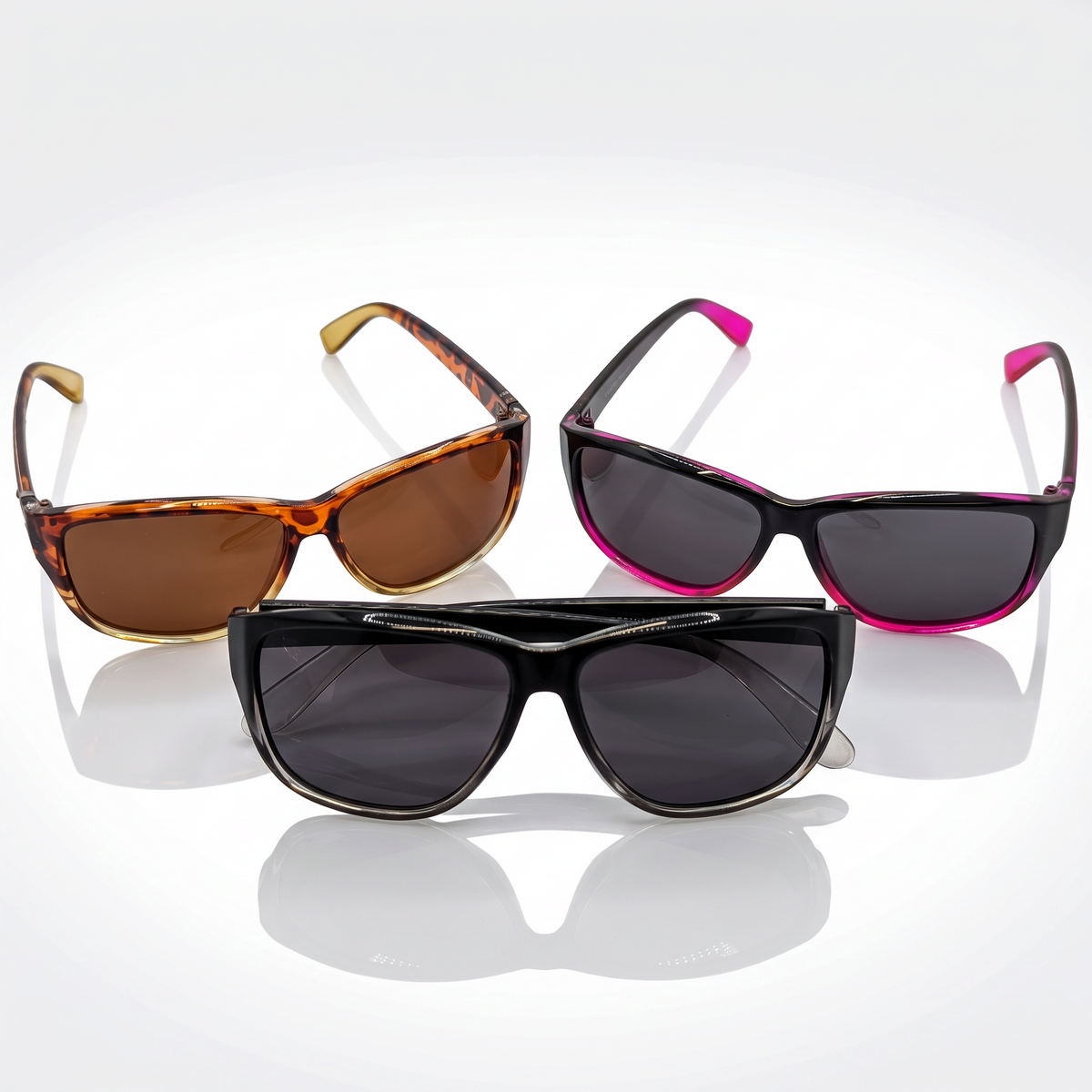 Eyelevel-UK Sophia rectangular polarized sunglasses in three colour combinations on a white background