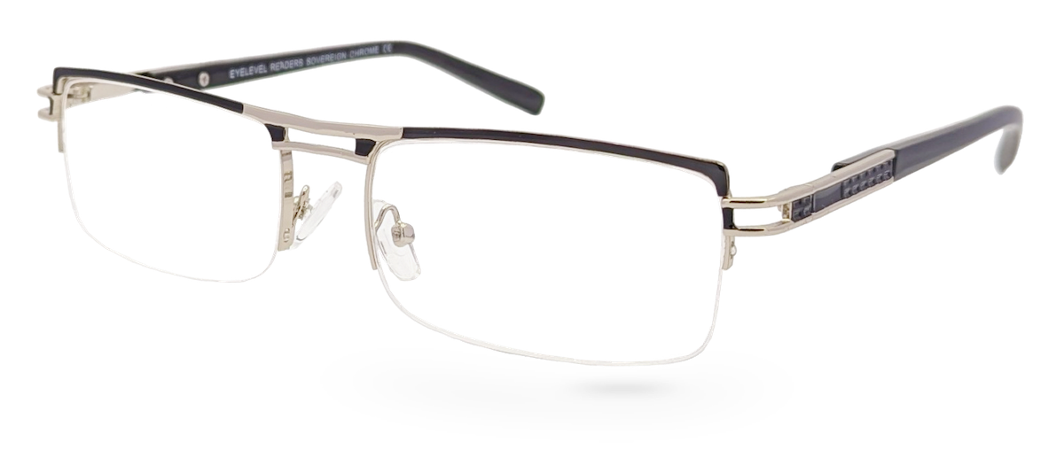 Eyelevel-UK Sovereign chrome and black semi-rimless rectangular reading glasses with clear magnifying lenses