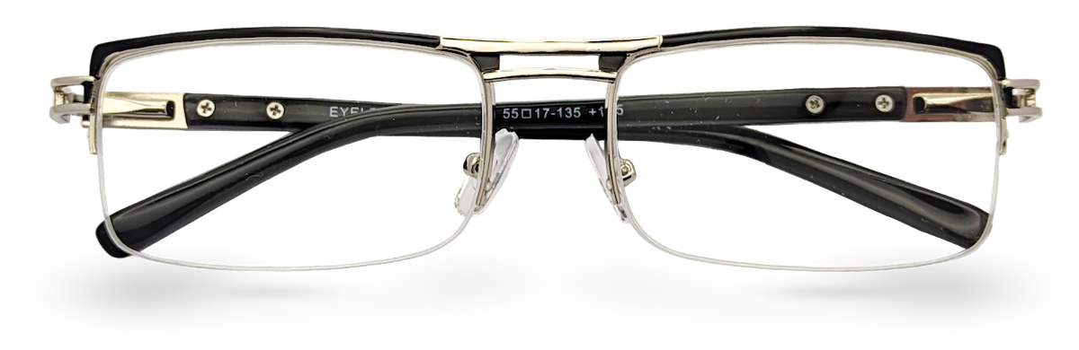 Eyelevel-UK Sovereign reading glasses with a rectangular chrome and black semi-rimless metal frame.