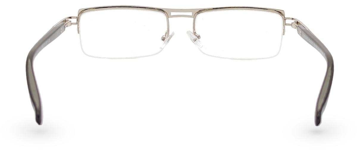 Eyelevel-UK Sovereign chrome semi-rimless rectangular reading glasses with clear lenses viewed from behind