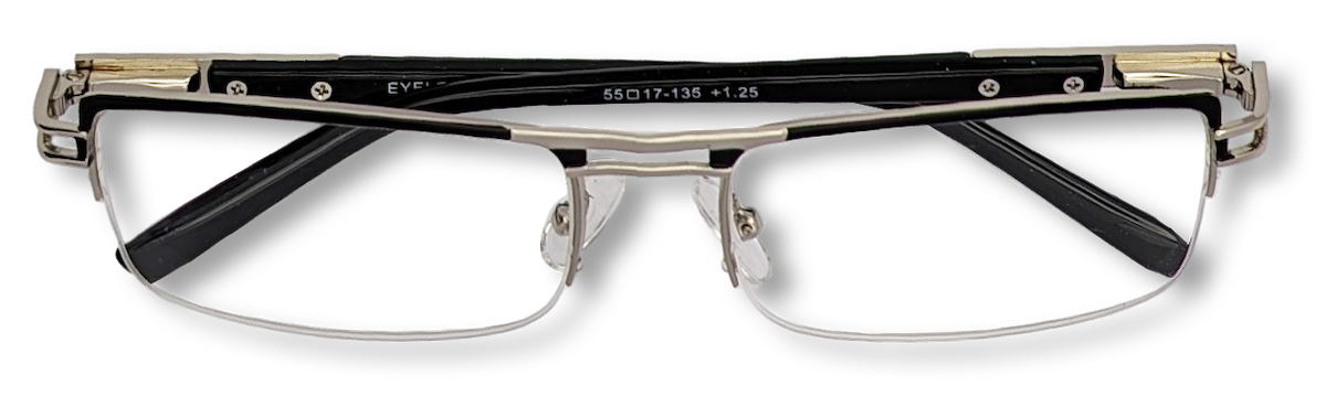 Eyelevel-UK Sovereign reading glasses with a rectangular chrome and black semi-rimless metal frame and clear lenses.