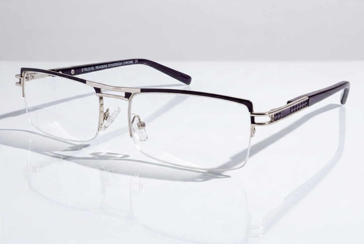 Eyelevel-UK Sovereign chrome and black semi-rimless rectangular reading glasses with clear magnifying lenses