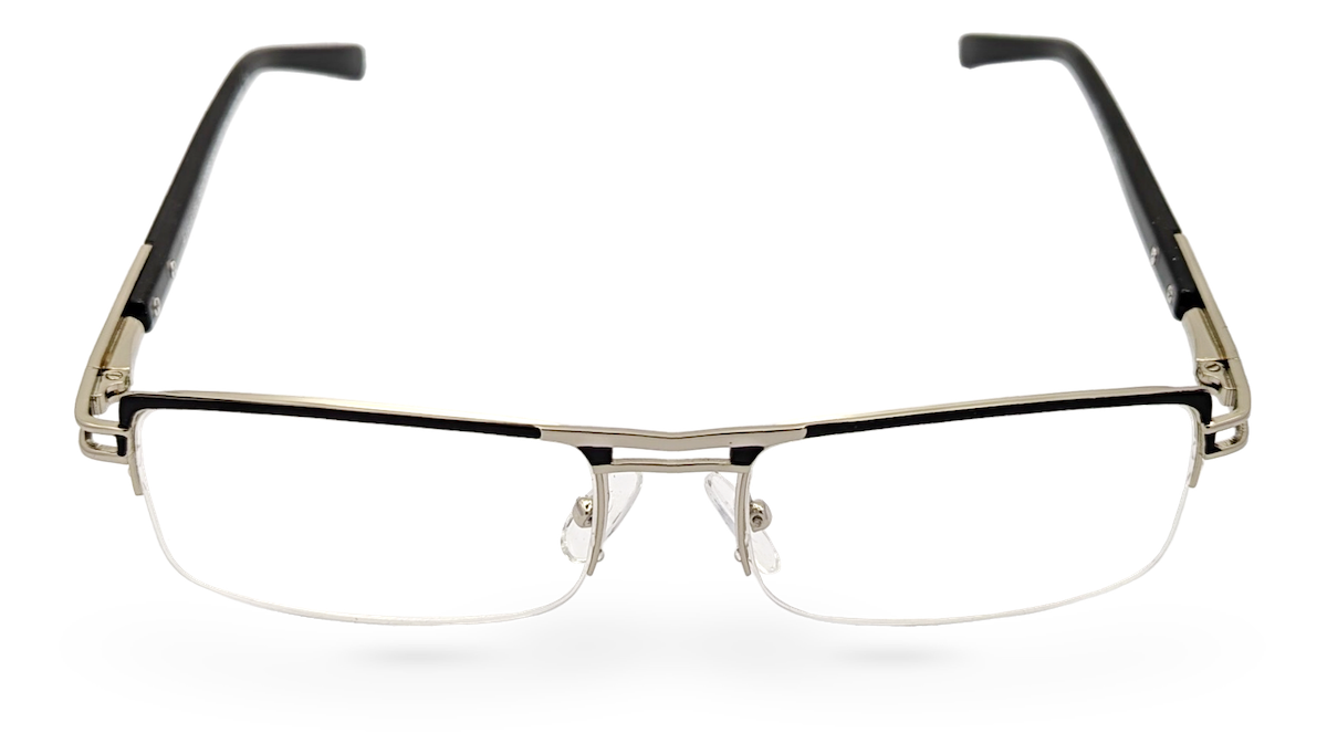 Eyelevel-UK Sovereign chrome and black semi-rimless rectangular reading glasses with clear magnifying lenses.