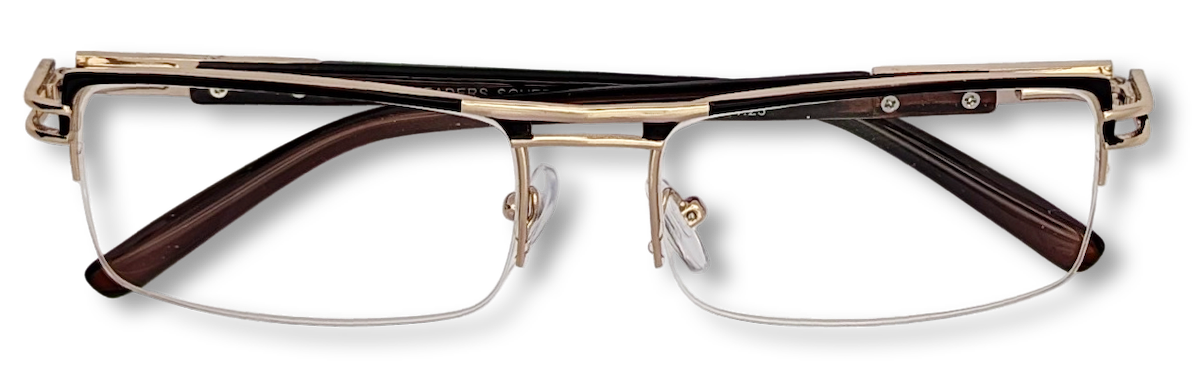 Eyelevel-UK Sovereign gold and brown semi-rimless rectangular reading glasses with clear magnifying lenses