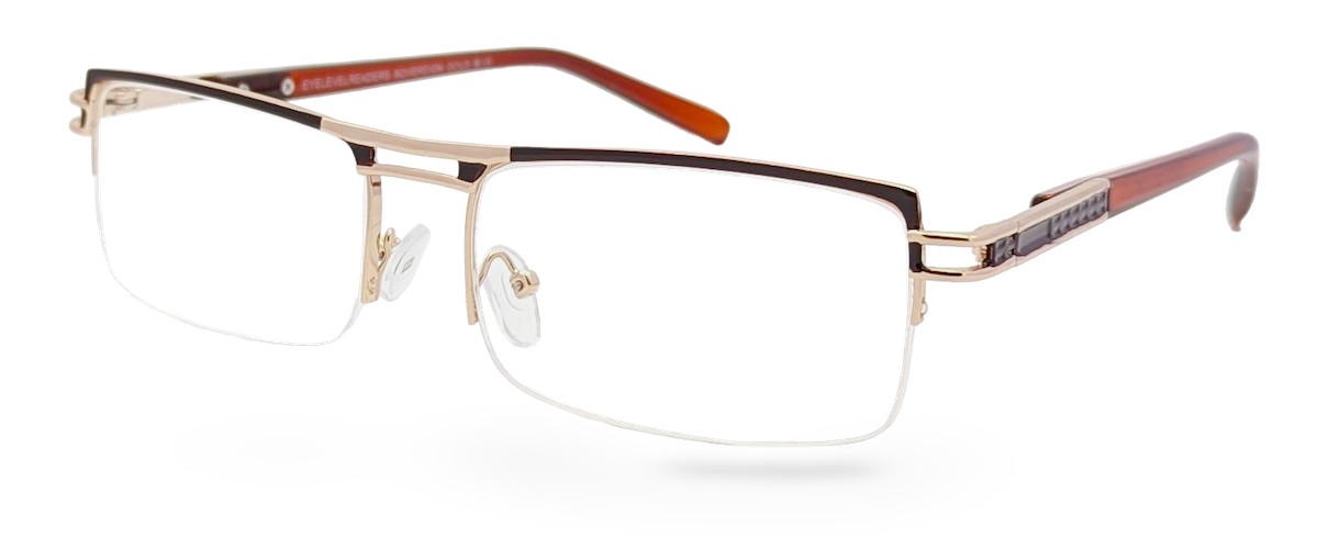 Eyelevel-UK Sovereign gold and brown semi-rimless rectangular reading glasses with clear magnifying lenses