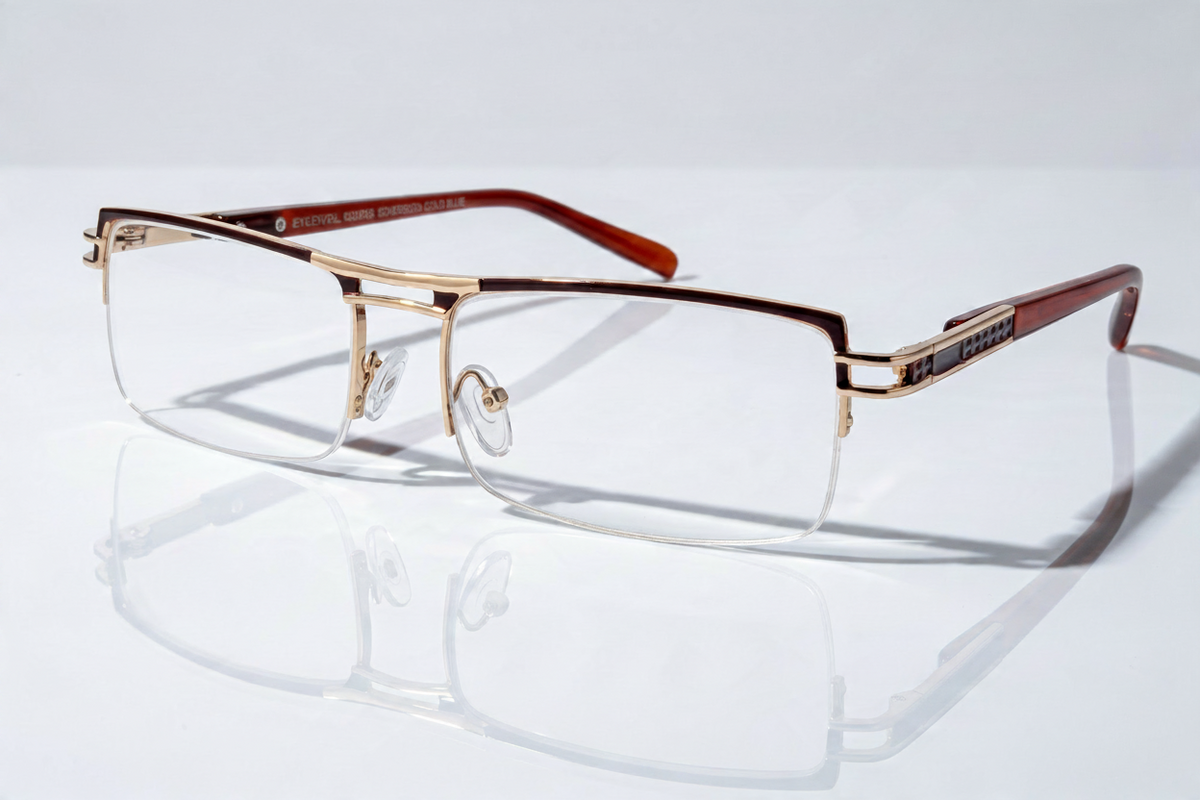 Eyelevel-UK Sovereign gold and brown semi-rimless rectangular reading glasses with clear magnifying lenses.
