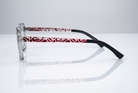 Eyelevel-UK St Kitts reading glasses with translucent grey frames and patterned red and black temples, side view.
