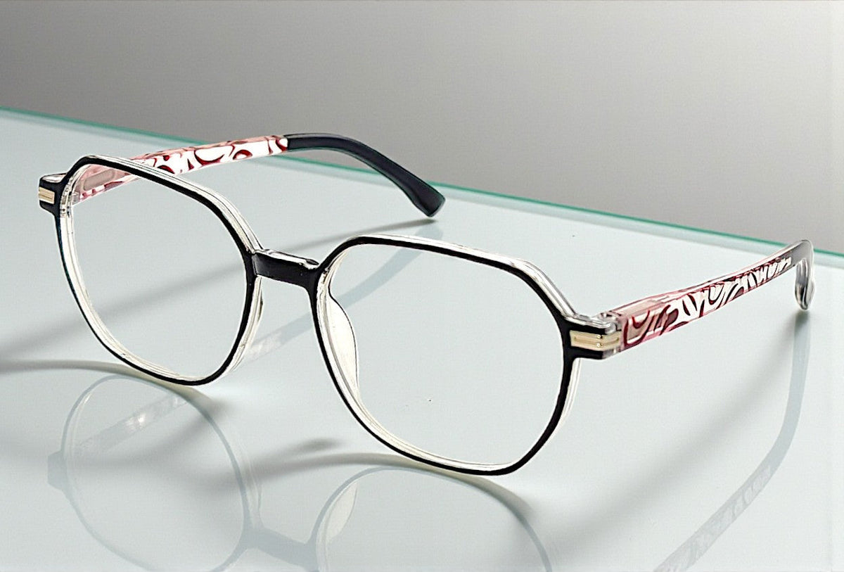 Eyelevel-UK St Kitts reading glasses with translucent grey squared frames and patterned black and red temples