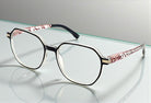 Eyelevel-UK St Kitts reading glasses with translucent grey squared frames and patterned black and red temples