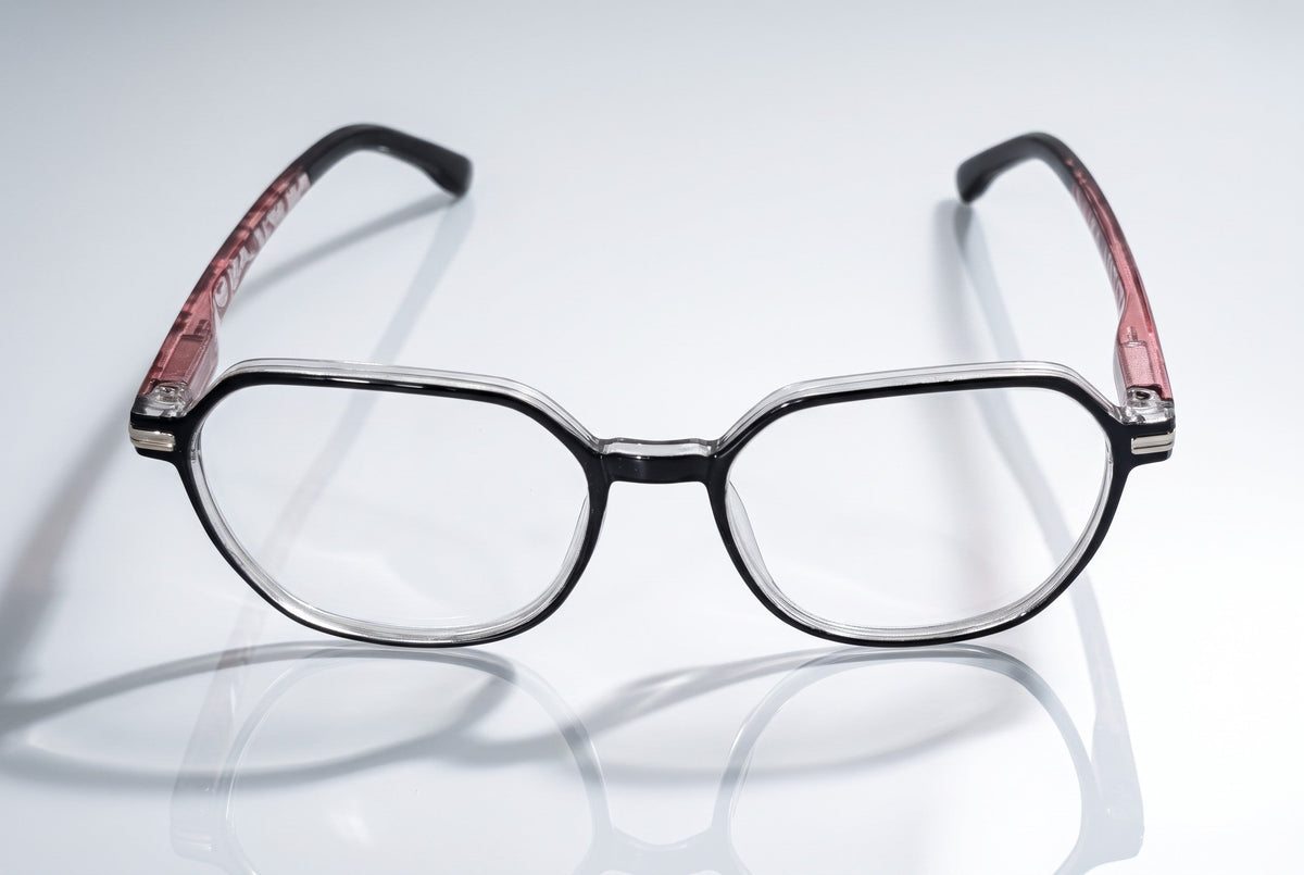 Eyelevel-UK St Kitts reading glasses with translucent grey squared frames and patterned black and red temples.
