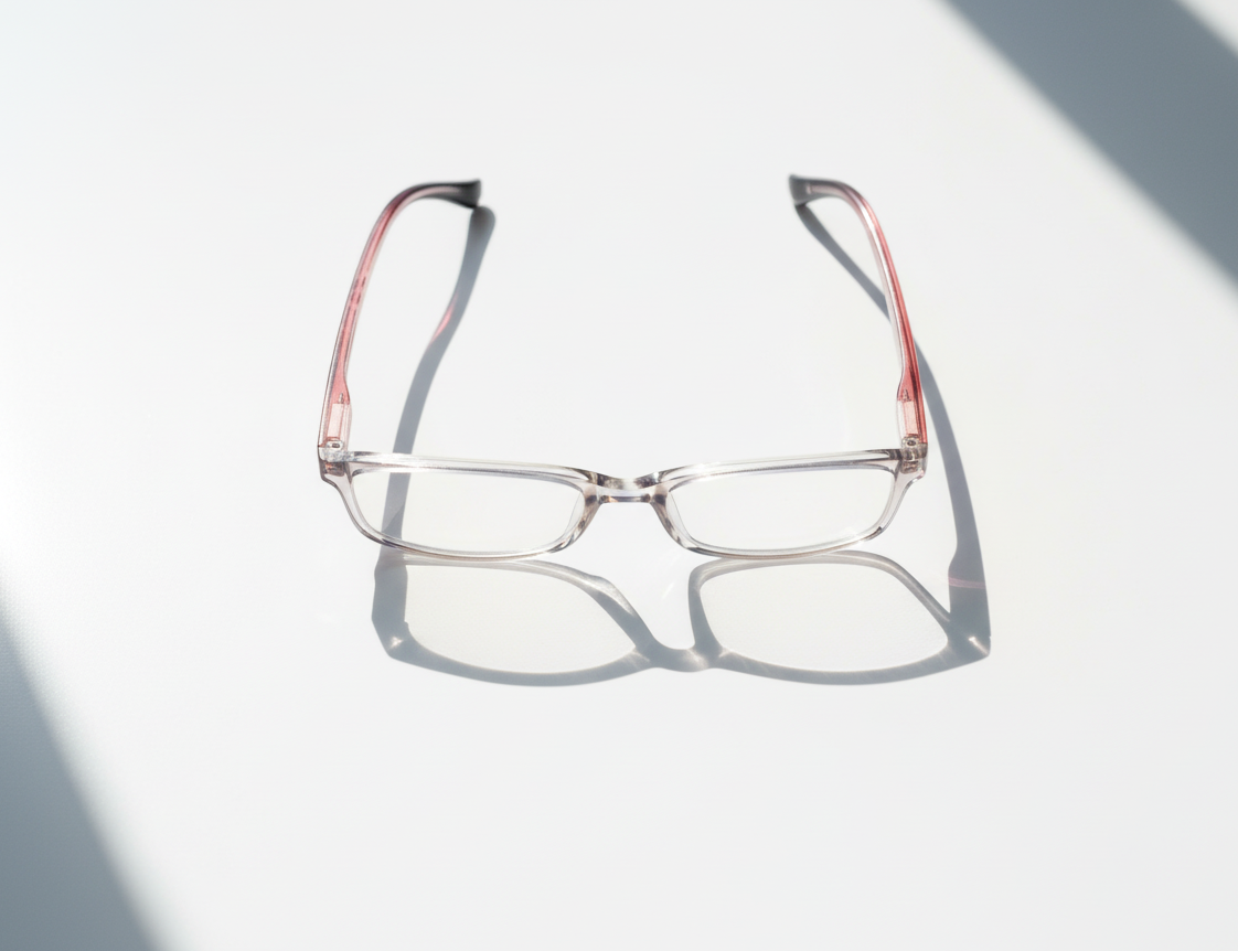 Eyelevel-UK St Kitts reading glasses with translucent grey squared frames and patterned temples on a white surface