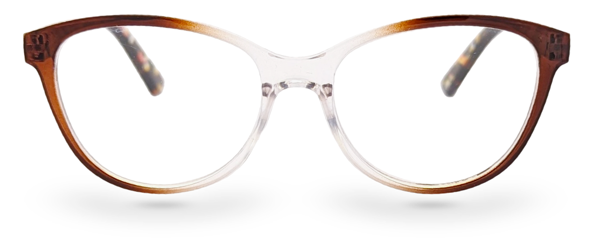 Eyelevel-UK St Lucia reading glasses featuring a brown and clear cat eye plastic frame with magnifying lenses