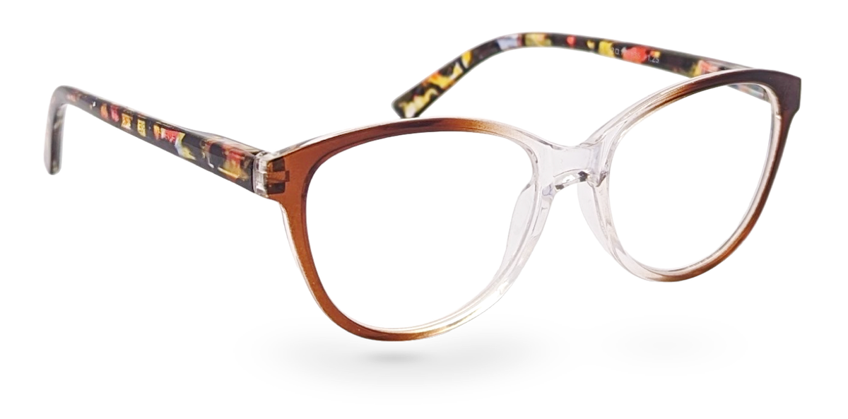 Eyelevel-UK St Lucia reading glasses with a brown and clear cat eye frame and patterned temples on a white background.