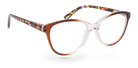 Eyelevel-UK St Lucia reading glasses with a brown and clear cat eye frame and patterned temples on a white background.