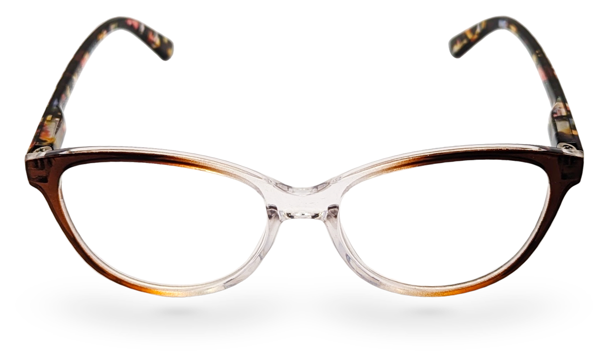 Eyelevel-UK St Lucia reading glasses with a brown and clear cat eye frame and magnifying lenses