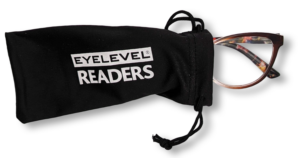Eyelevel-UK St Lucia reading glasses with brown tortoiseshell frames peeking out of a black branded drawstring pouch.
