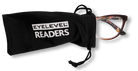 Eyelevel-UK St Lucia reading glasses with brown tortoiseshell frames peeking out of a black branded drawstring pouch.