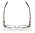 Eyelevel-UK St Lucia reading glasses with a brown and clear patterned cat eye frame, viewed from above.