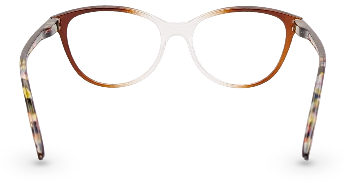 Eyelevel-UK St Lucia reading glasses with a brown and clear softly squared cat eye frame and patterned temples