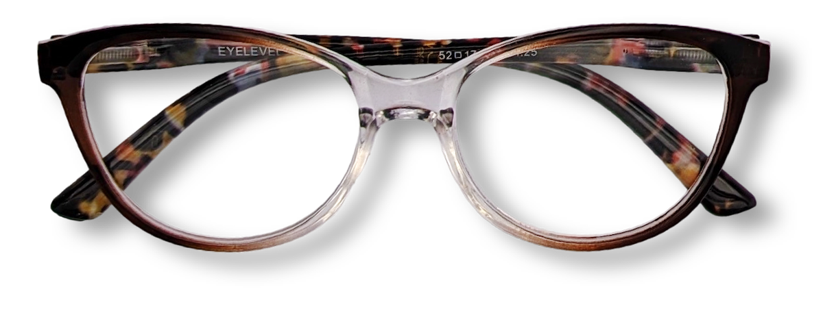 Eyelevel-UK St Lucia reading glasses with a brown and clear tortoise shell cat eye frame and magnifying lenses.