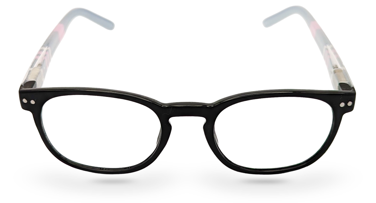 Eyelevel-UK Stripe reading glasses featuring a black oval plastic frame with pink patterned temples