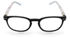 Eyelevel-UK Stripe reading glasses featuring a black oval plastic frame with pink patterned temples