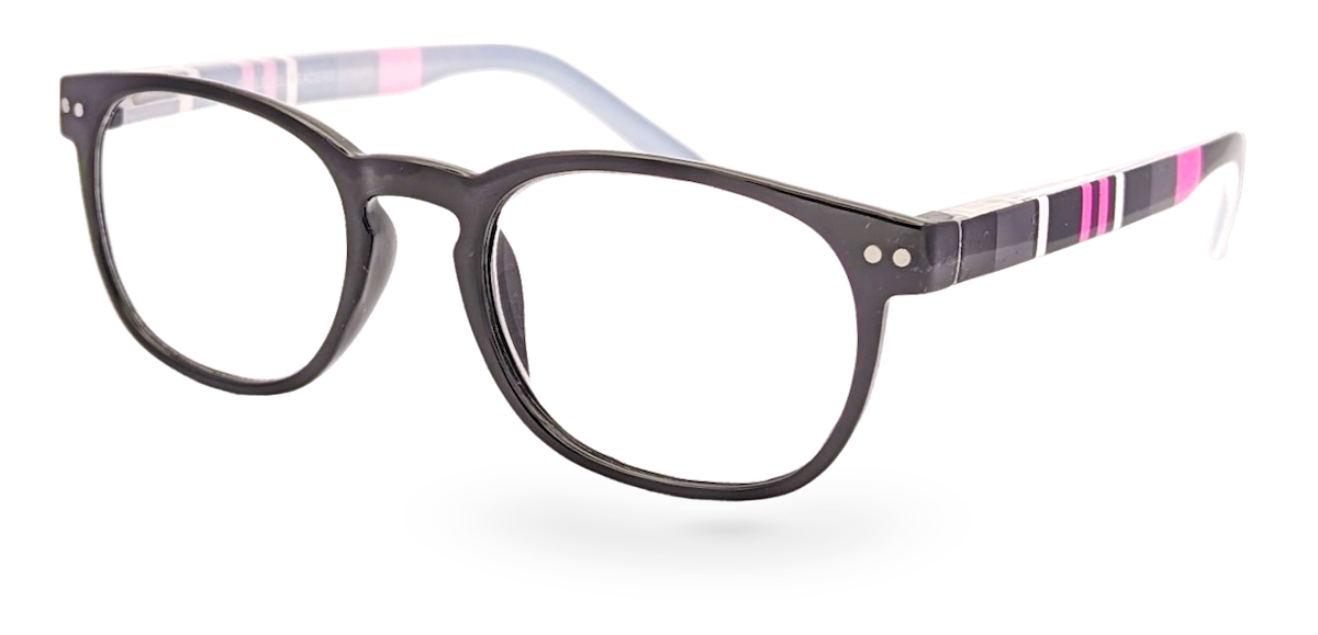 Eyelevel-UK Stripe reading glasses featuring a black oval frame with pink and white striped temple details.