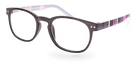 Eyelevel-UK Stripe reading glasses featuring a black oval frame with pink and white striped temple details.