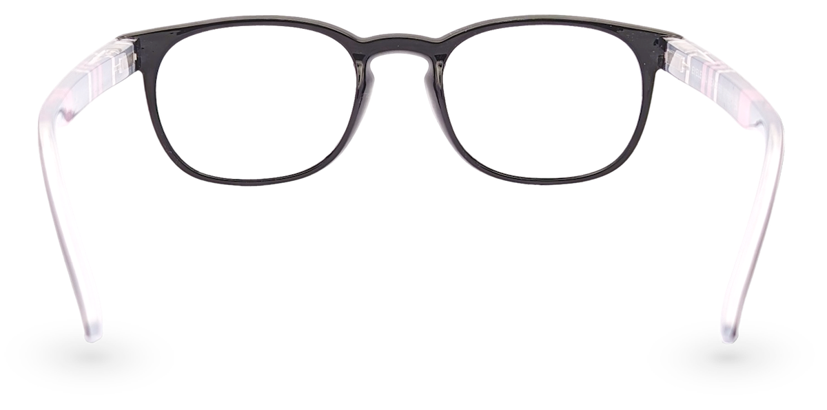 Eyelevel-UK Stripe reading glasses featuring a black and pink oval plastic frame with clear magnifying lenses