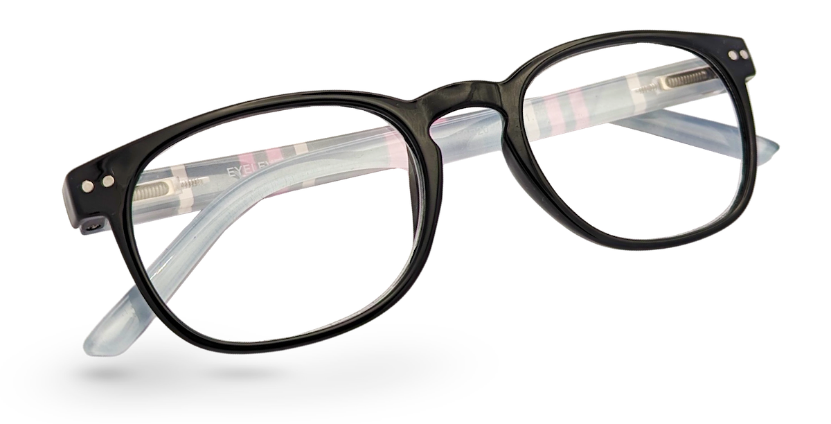 Eyelevel-UK Stripe reading glasses with black oval frames and pink striped temples on a white background.