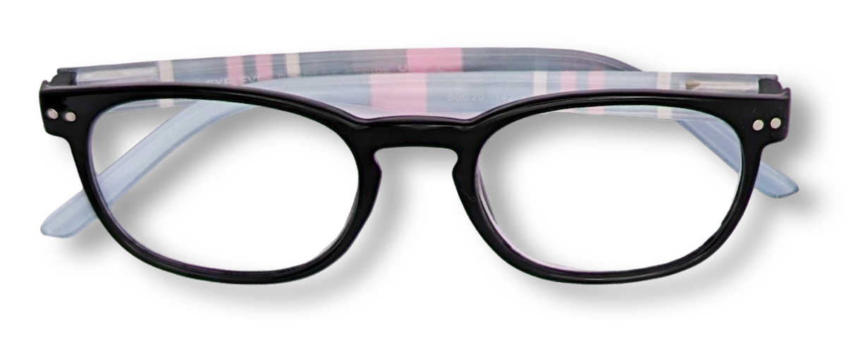 Eyelevel-UK Stripe reading glasses with black oval frames and pink and blue striped temples