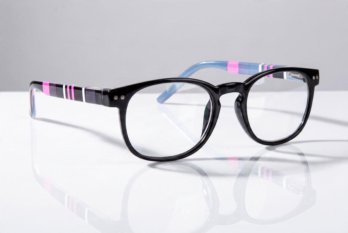 Eyelevel-UK Stripe reading glasses with black oval frames and pink and blue striped temples on a reflective surface.
