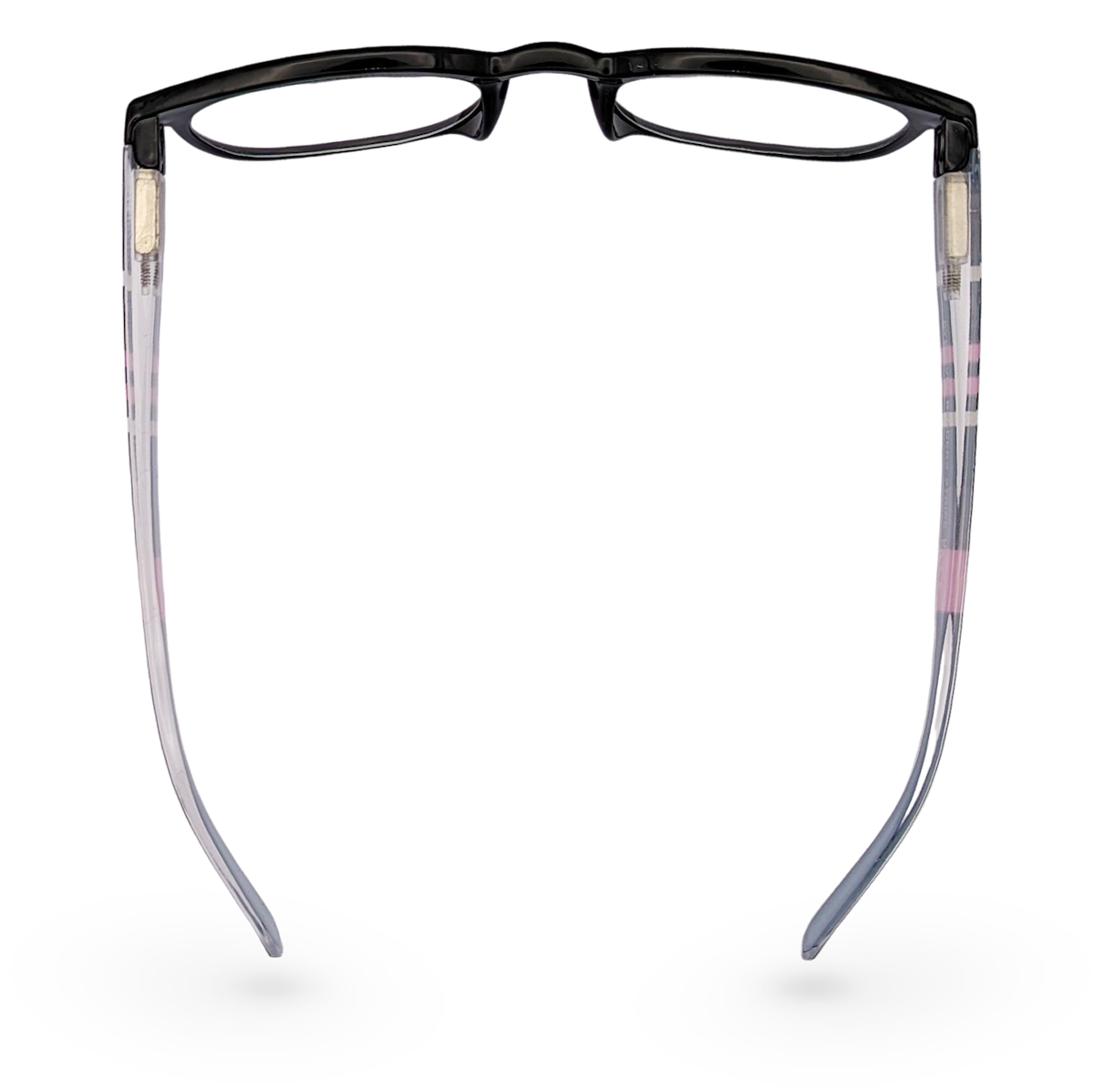 Eyelevel-UK Stripe reading glasses with black oval frames and pink striped translucent temples seen from above
