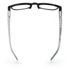 Eyelevel-UK Stripe reading glasses with black oval frames and pink striped translucent temples seen from above