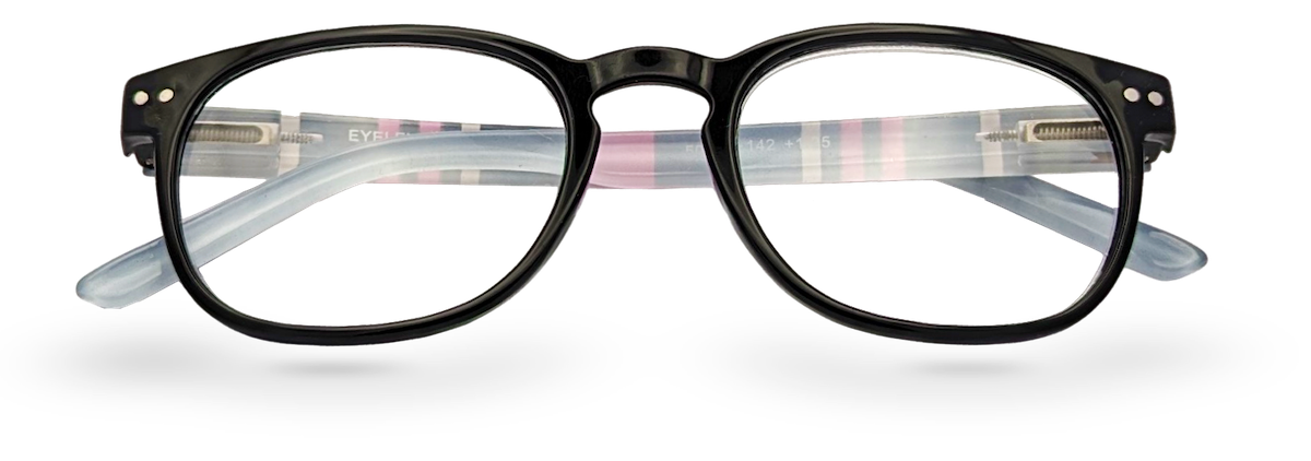 Eyelevel-UK Stripe reading glasses with a black oval frame and pink striped temples for everyday magnification.
