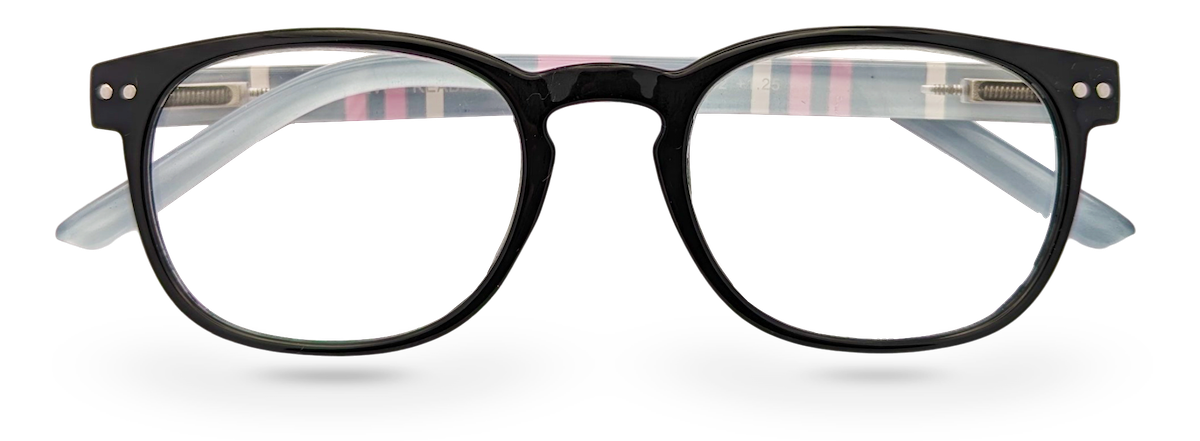 Eyelevel-UK Stripe reading glasses featuring a black oval plastic frame with pink striped inner temples