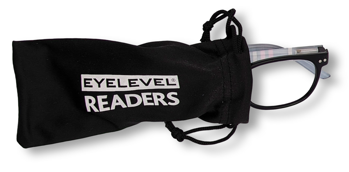 Eyelevel-UK Stripe reading glasses with oval frames partially inside a black branded drawstring storage pouch