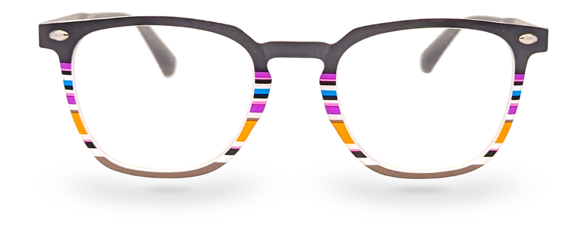 Eyelevel-UK Tobago reading glasses with a black and multi-colored striped square plastic frame.
