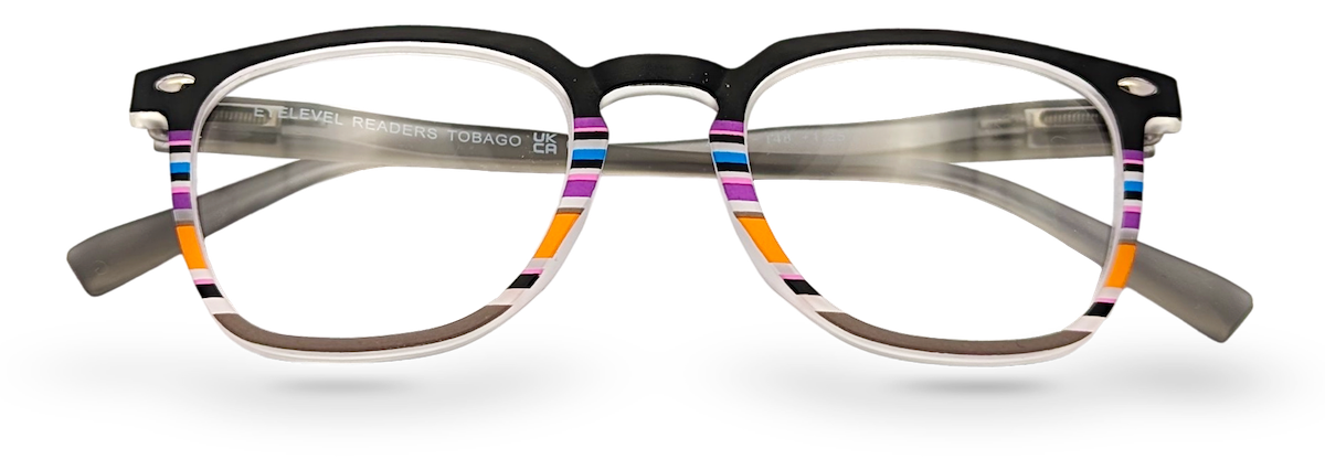Eyelevel-UK Tobago reading glasses with a black and multi-coloured striped square plastic frame and clear lenses.