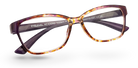 Eyelevel-UK Topaz reading glasses with a purple and multi-coloured square plastic frame and clear magnifying lenses.