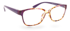 Eyelevel-UK Topaz reading glasses with a purple and multi-coloured square plastic frame and clear magnifying lenses.