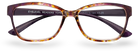 Eyelevel-UK Topaz reading glasses with a purple and multi-coloured square plastic frame and clear magnifying lenses.