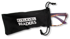 Eyelevel-UK Topaz square reading glasses with purple multi-pattern frames inside a black drawstring storage pouch