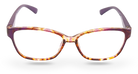 Eyelevel-UK Topaz reading glasses featuring a purple multi-coloured square plastic frame and clear magnifying lenses.