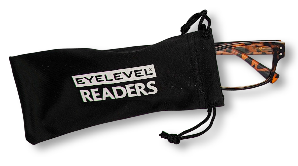 Eyelevel-UK Samuel Brown reading glasses with tortoiseshell square frames inside a black branded drawstring pouch