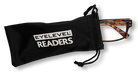 Eyelevel-UK Samuel Brown reading glasses with tortoiseshell square frames inside a black branded drawstring pouch