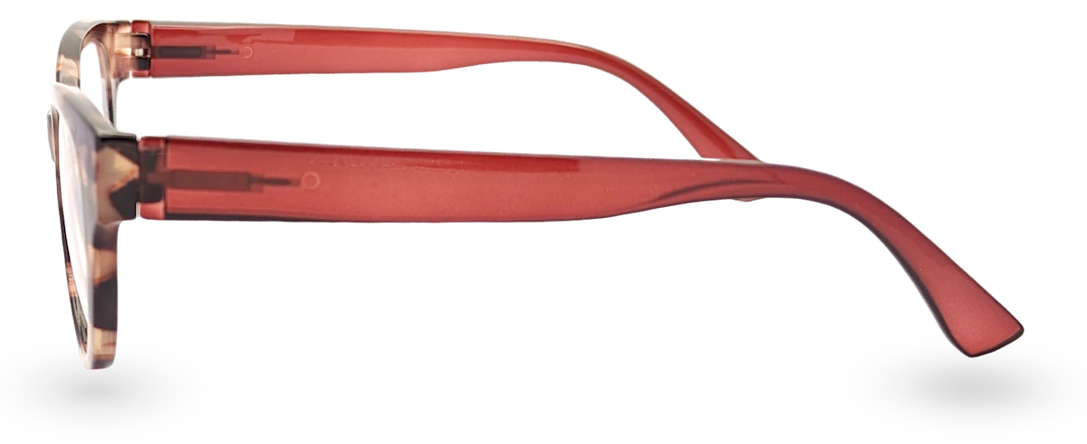 Eyelevel-UK Windsor cat-eye reading glasses with a brown tortoiseshell frame and red temples, side view.