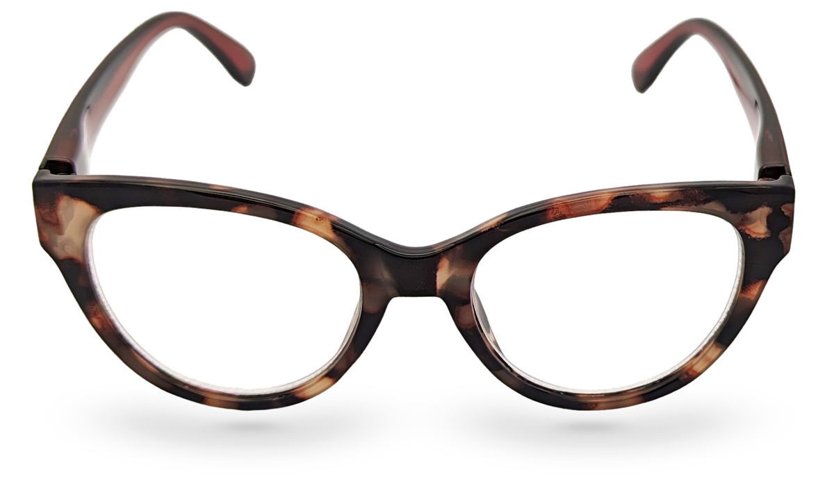 Eyelevel-UK Windsor reading glasses featuring a brown tortoiseshell cat-eye plastic frame with clear magnifying lenses.