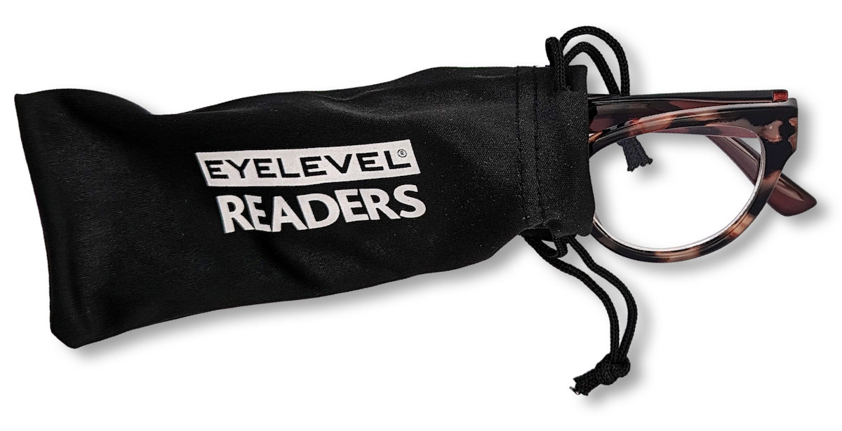 Eyelevel-UK Windsor reading glasses with tortoiseshell cat-eye frames partially inside a black branded drawstring pouch